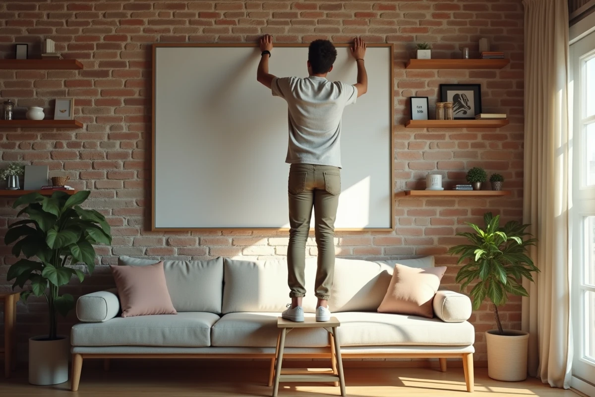 Jeune homme accrochant une affiche dans un appartement lumineux