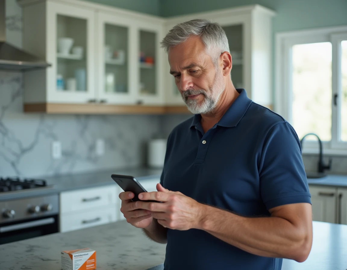 Homme utilisant son smartphone pour consulter le sitemap d'un site de pharmacie en ligne dans sa cuisine