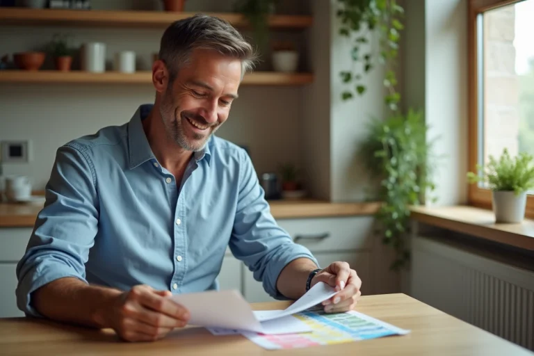 Homme souriant examinant un reçu dans une cuisine moderne