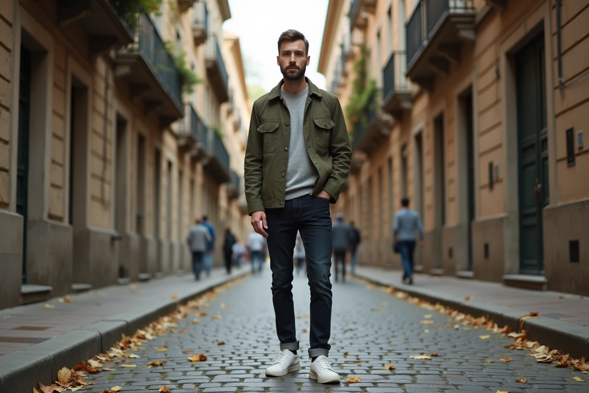 Homme tendance en overshirt olive et jean slim dans une rue pavée européenne en automne