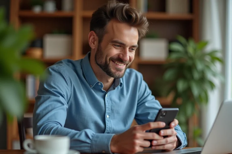 Homme au bureau utilisant son smartphone dans un intérieur chaleureux