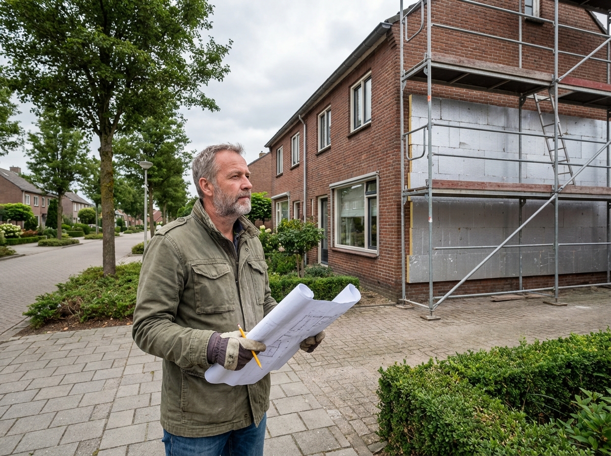 Homme en extérieur regardant plans devant maison en travaux