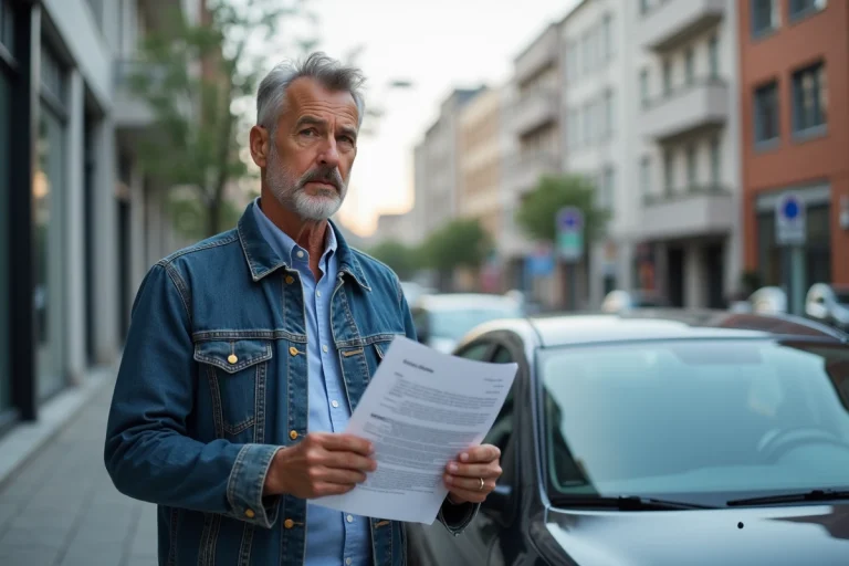 Homme d'âge moyen avec documents voiture en ville
