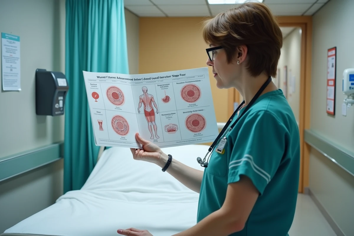 Infirmière spécialisée consultant un tableau d'évaluation des stades d'escarre en milieu hospitalier