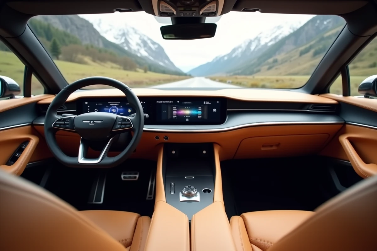 Intérieur cockpit d'un coupé hybride de luxe 2024 avec tableau de bord numérique panoramique et sellerie durable