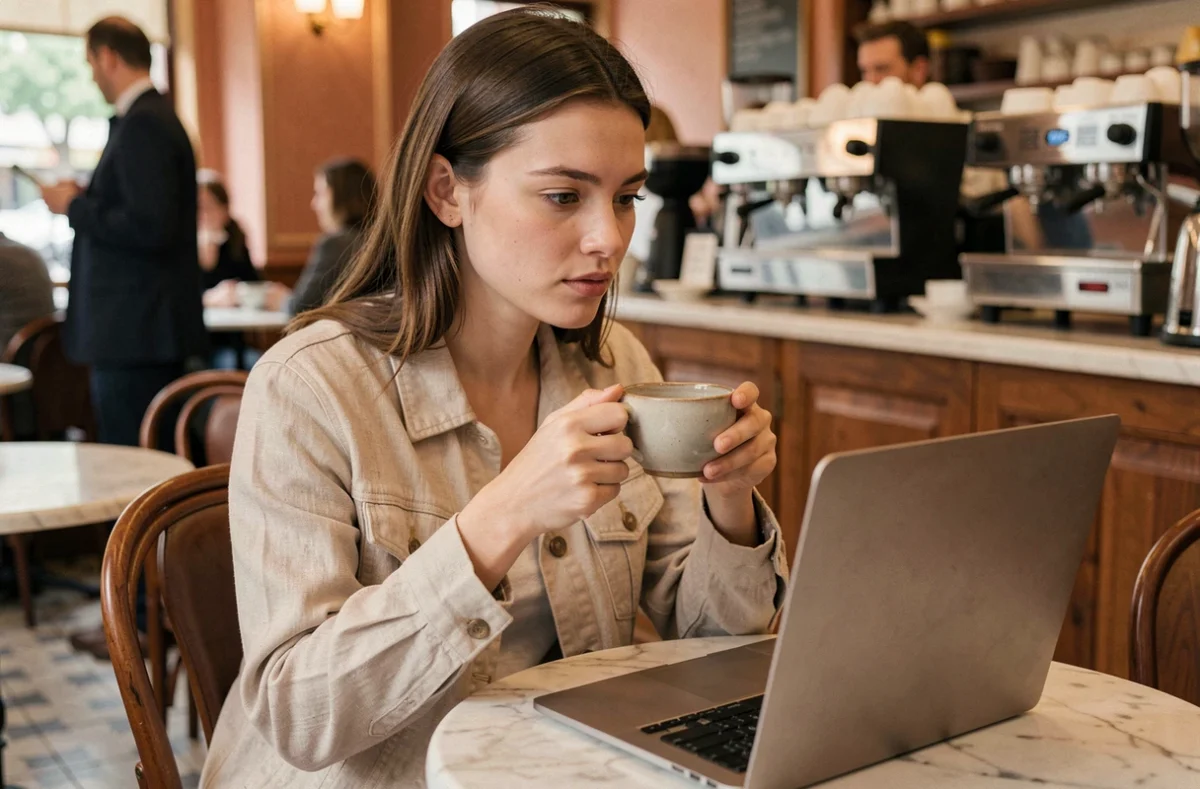 Jeune femme révisant les règles d'accord en français sur son ordinateur dans un café parisien