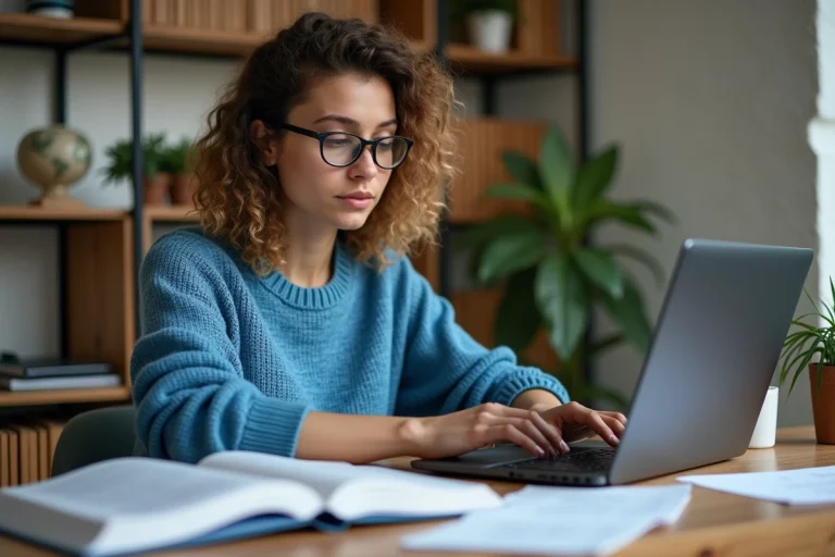 Jeune femme concentrée en coding dans un bureau cosy