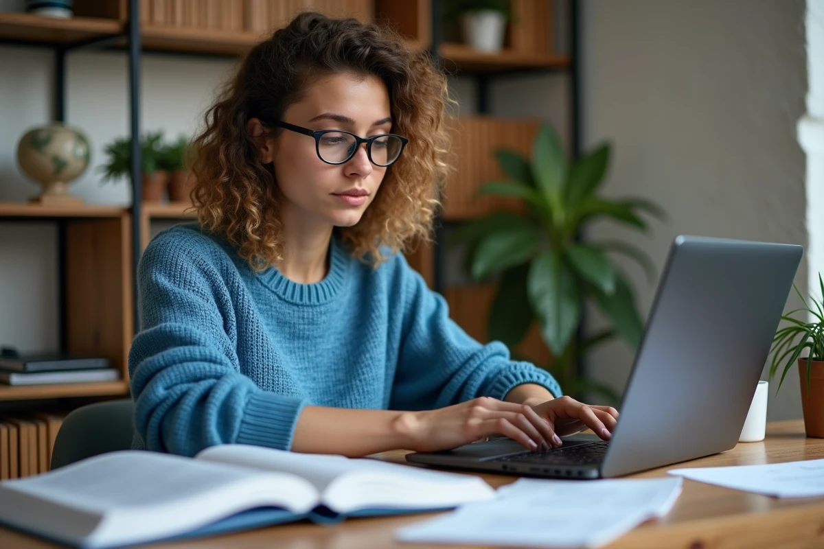 Jeune femme concentrée en coding dans un bureau cosy