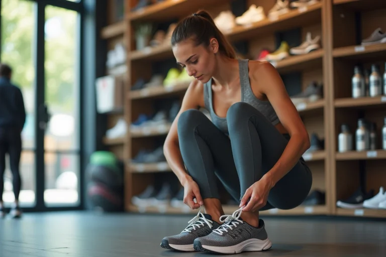 Jeune femme sportive attachant ses chaussures de course dans un magasin