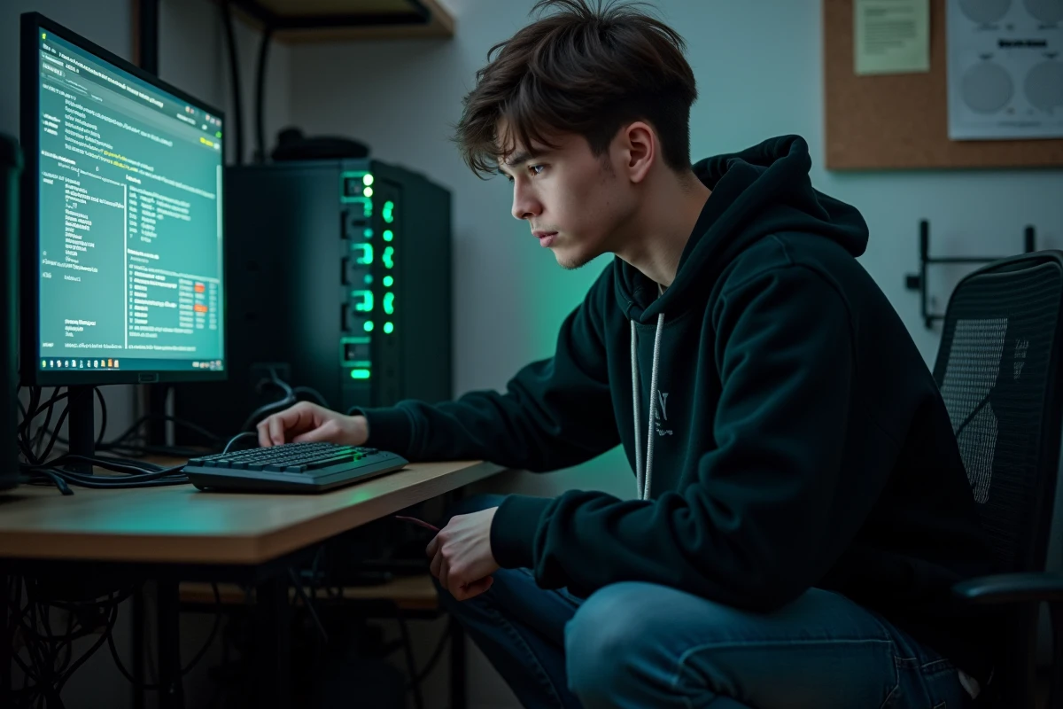 Jeune homme branchant un câble ethernet pour corriger un problème de connexion d'eMule dans un espace dédié aux équipements réseau