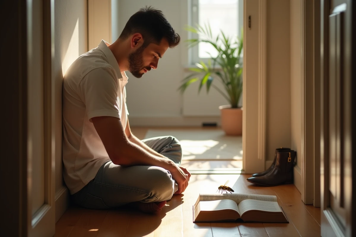 Jeune homme regardant un frelon sur un livre dans l