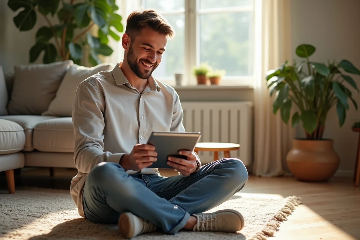 Jeune homme souriant avec une tablette dans un salon chaleureux