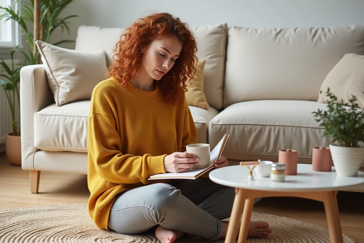 Femme lisant un journal beauté entourée de produits de soin dans un salon scandinave minimaliste