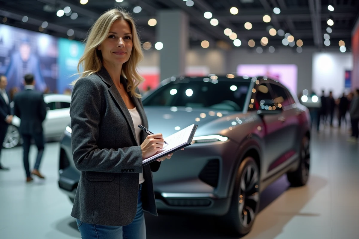 Journaliste automobile prenant des notes devant un SUV 2024 lors d'un salon automobile international