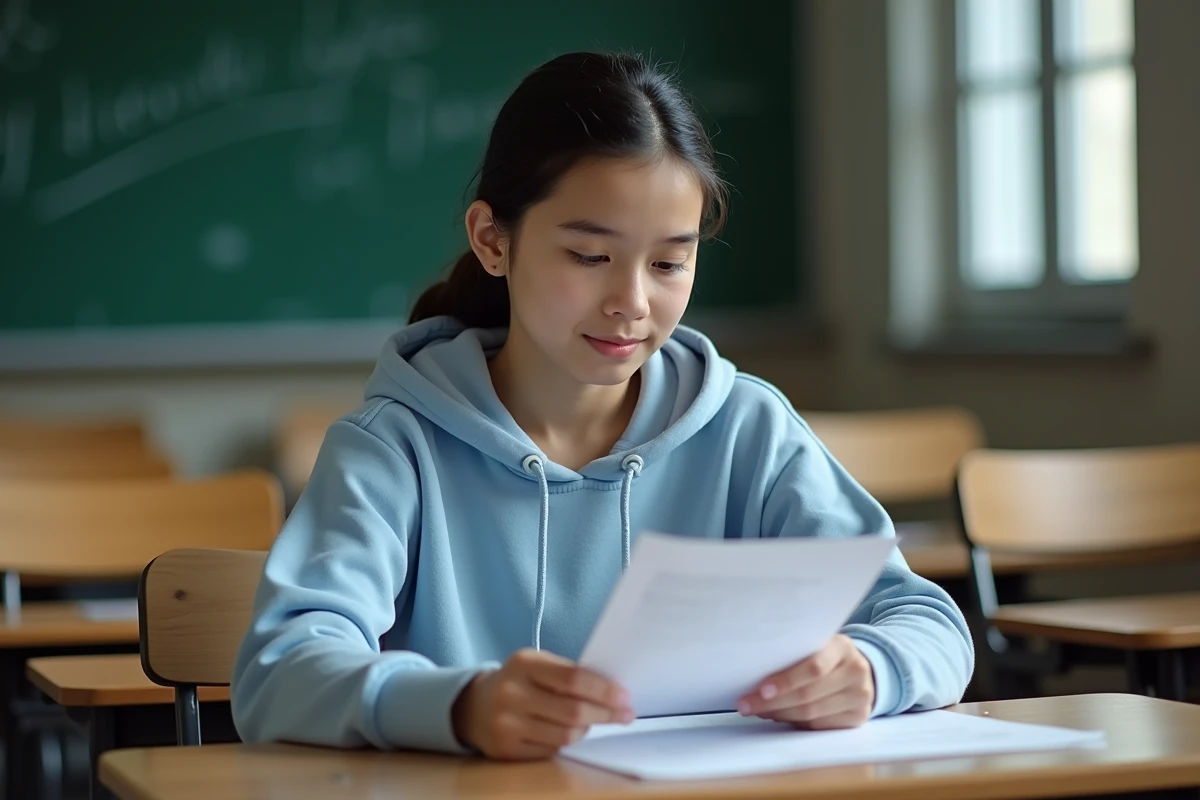 Lycéenne de seconde générale regardant sereinement sa copie notée dans une salle de classe française