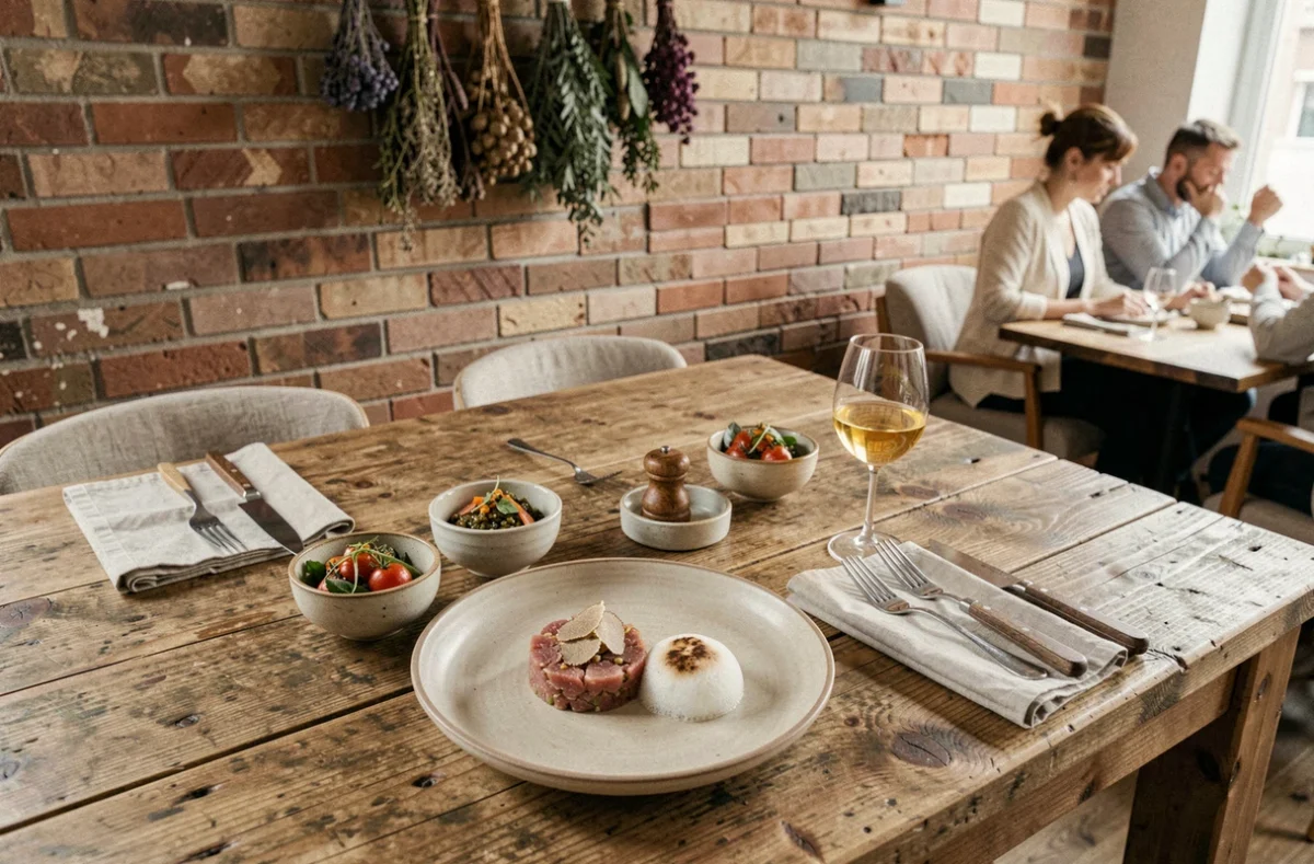 Menu dégustation gastronomique tendance dressé sur une table en bois rustique dans un restaurant minimaliste