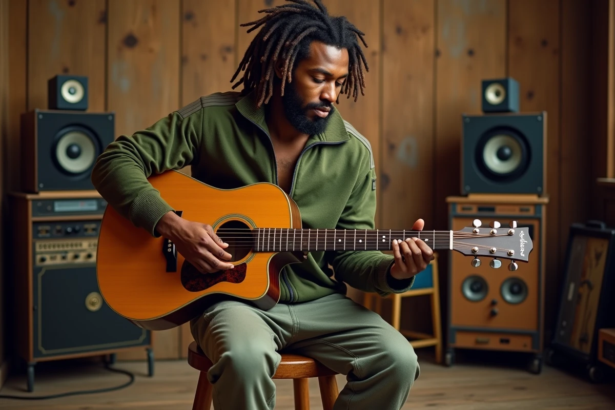 Musicien reggae jamaïcain avec une guitare acoustique dans un studio d'enregistrement vintage, rappelant l'univers artistique et la silhouette emblématique de Bob Marley