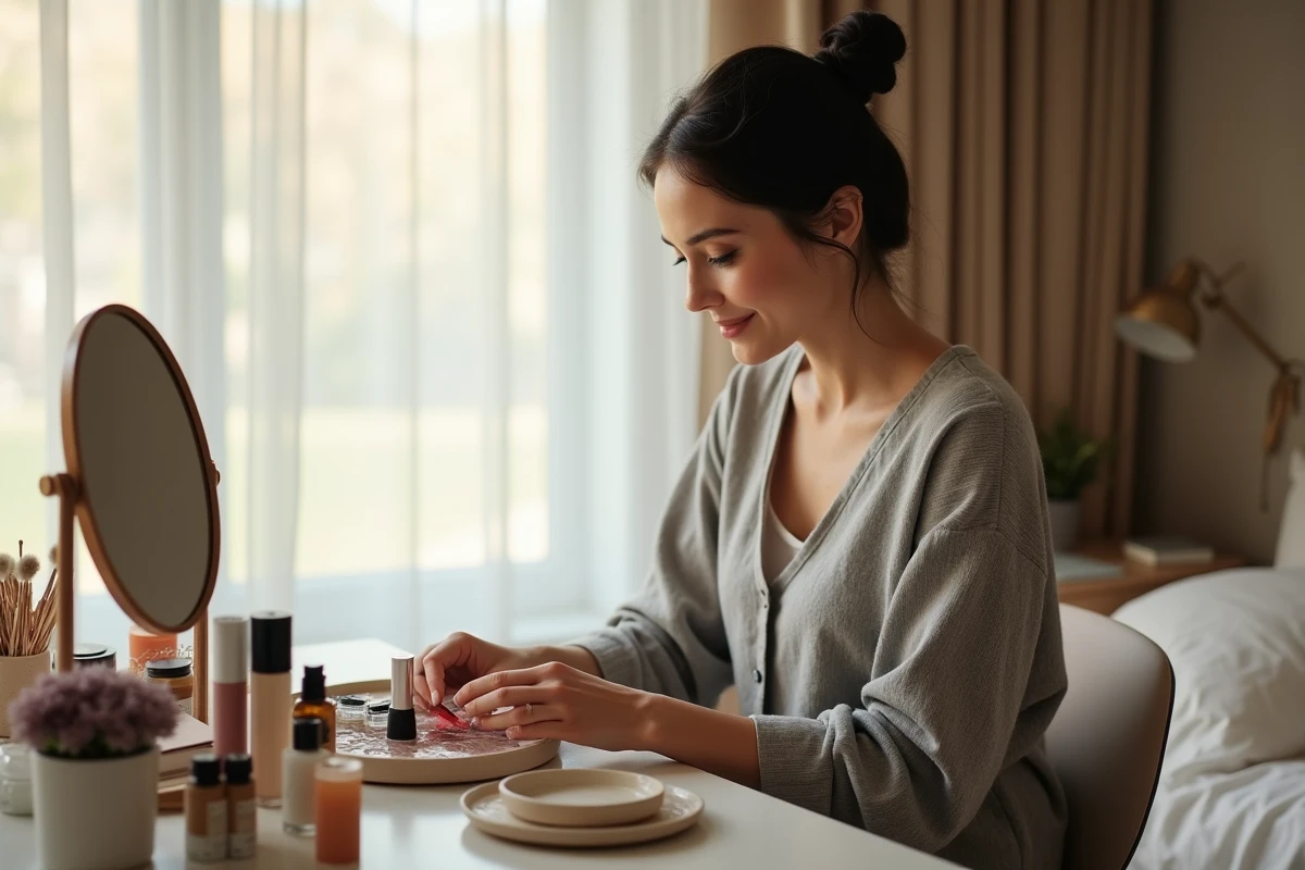 Femme organisant ses produits de maquillage et pinceaux sur une coiffeuse dans une ambiance chambre naturelle