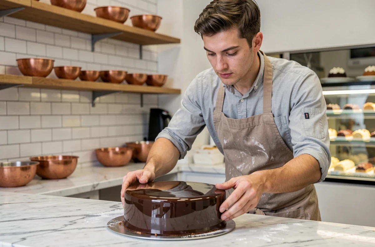 Pâtissier préparant un entremet à glaçage miroir brillant dans un laboratoire de pâtisserie artisanale moderne