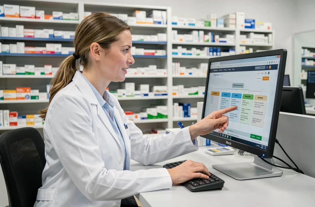 Pharmacienne pointant le sitemap d'un site de pharmacie en ligne sur un écran d'ordinateur dans un bureau professionnel