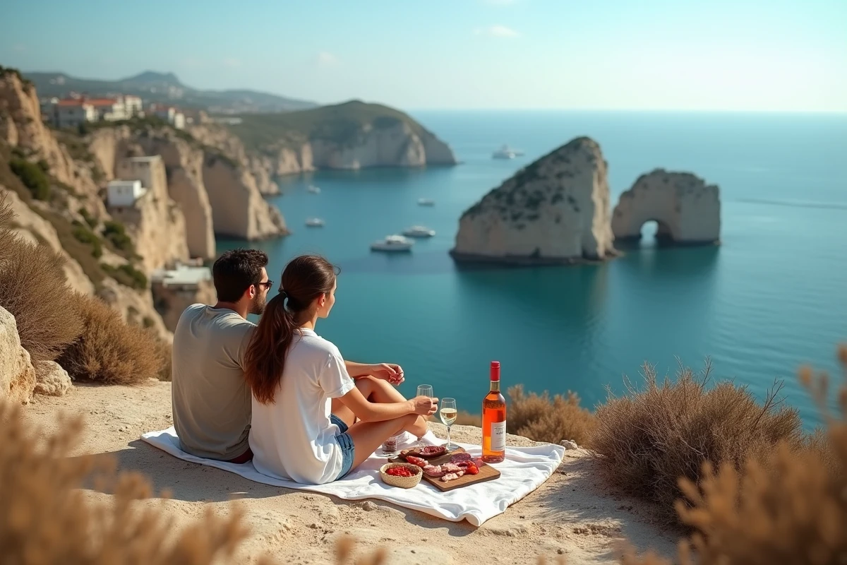 Couple en pique-nique sur les rochers avec vue panoramique sur la baie de Bonifacio et la plage des 3 Pointes en Corse