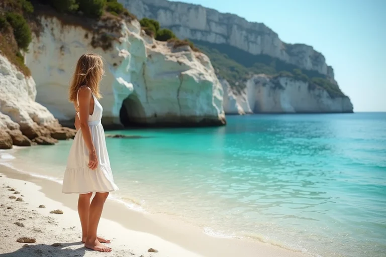 Femme contemplant la plage des 3 Pointes à Bonifacio avec ses falaises calcaires blanches et son eau turquoise en Corse du Sud