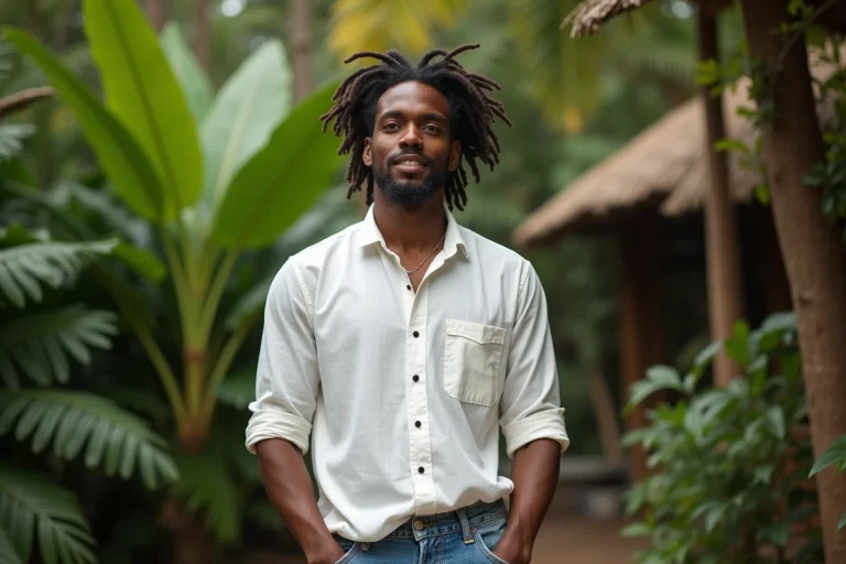 Portrait d'un homme jamaïcain athlétique aux dreadlocks dans un jardin tropical luxuriant, évoquant la stature et le style de Bob Marley