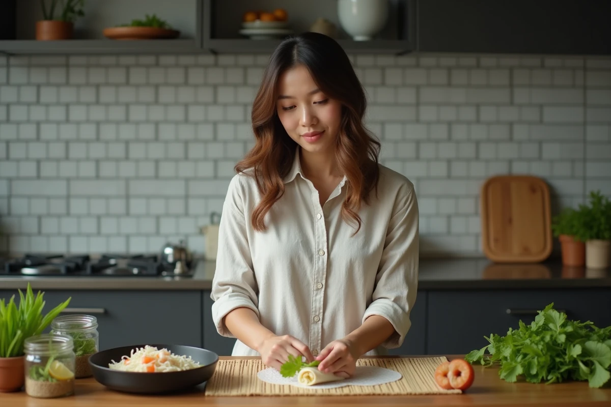 Jeune femme préparant des nems maison avec légumes frais et crevettes dans une cuisine moderne, mise en avant d'une recette équilibrée