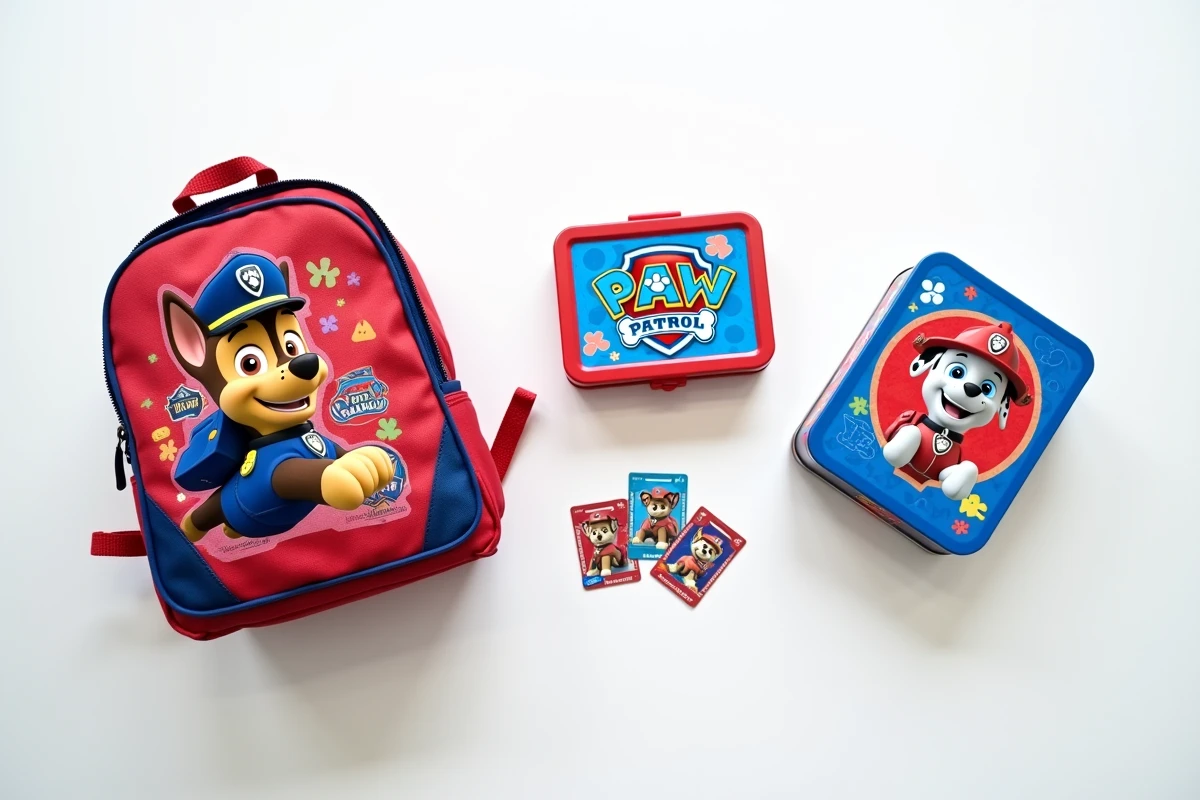 Assortiment de produits dérivés Pat' Patrouille incluant sac à dos, boîte à lunch et puzzle sur fond blanc