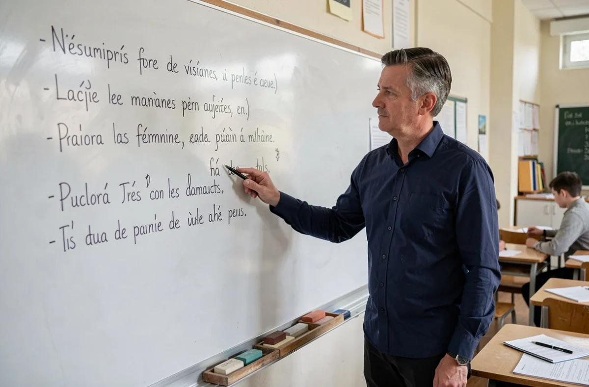 Professeur expliquant l'accord des adjectifs en français devant un tableau de classe