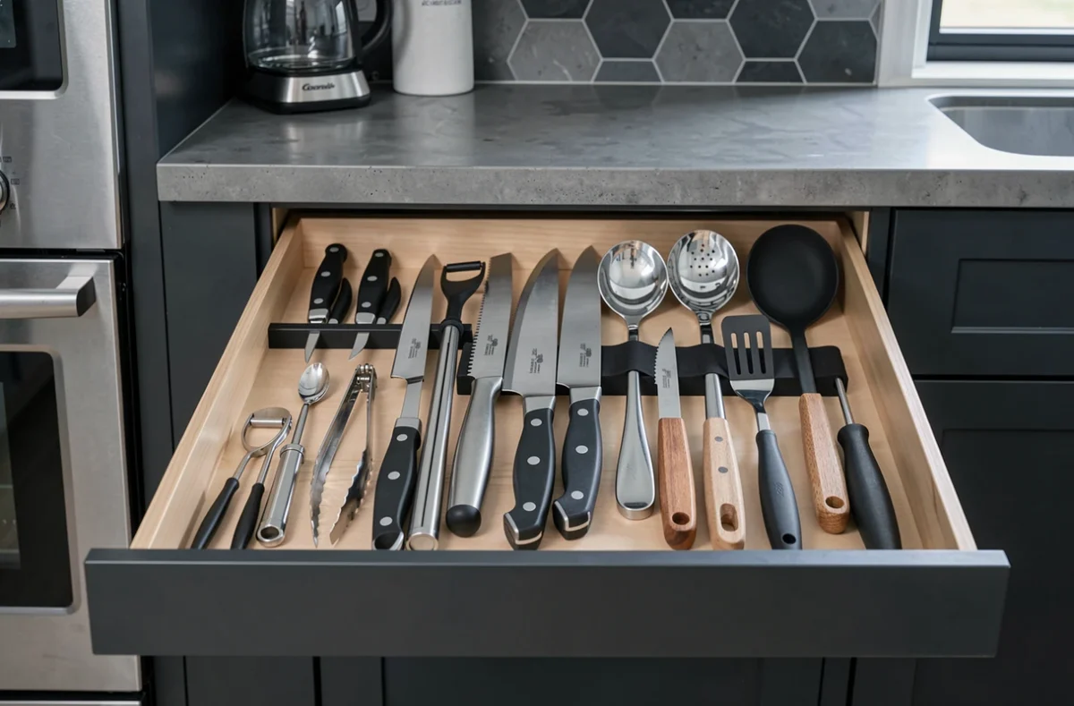 Tiroir de cuisine et barre magnétique avec couteaux et ustensiles bien rangés dans une cuisine moderne au style épuré