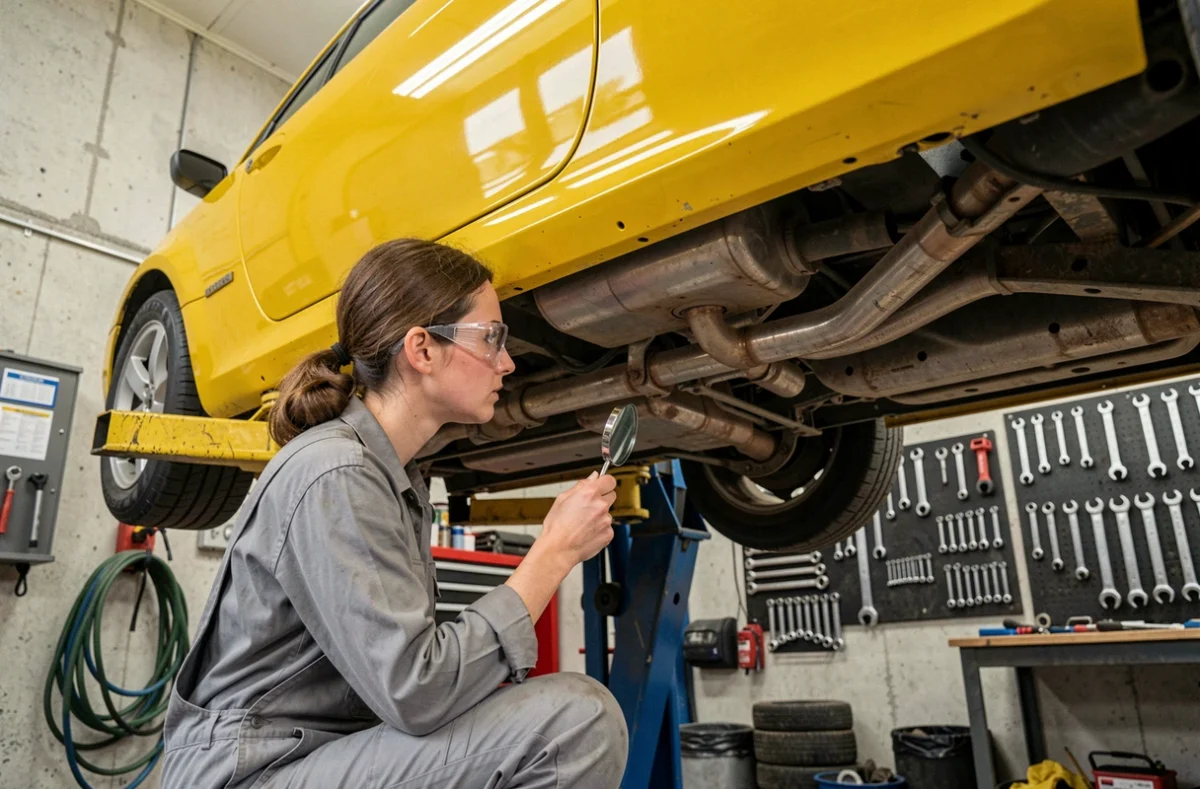 Technicienne inspectant le dessous d'une voiture de sport jaune sur un pont élévateur dans un atelier de réparation à Mâcon