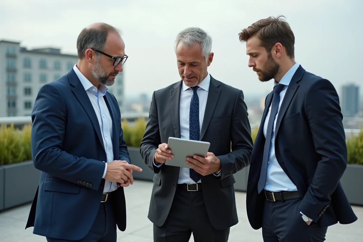 Groupe de professionnels discutant sur un toit urbain