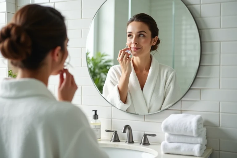 Femme appliquant un sérum sur son visage devant un miroir de salle de bain dans sa routine beauté quotidienne