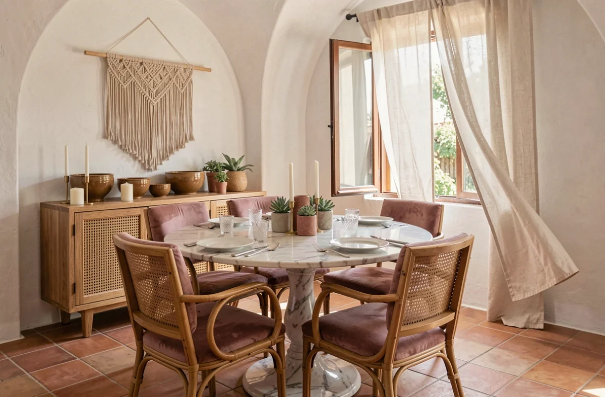 Salle à manger éclectique avec table en marbre, chaises dépareillées en velours et rotin, macramé mural et sol en tomettes dans une ambiance méditerranéenne