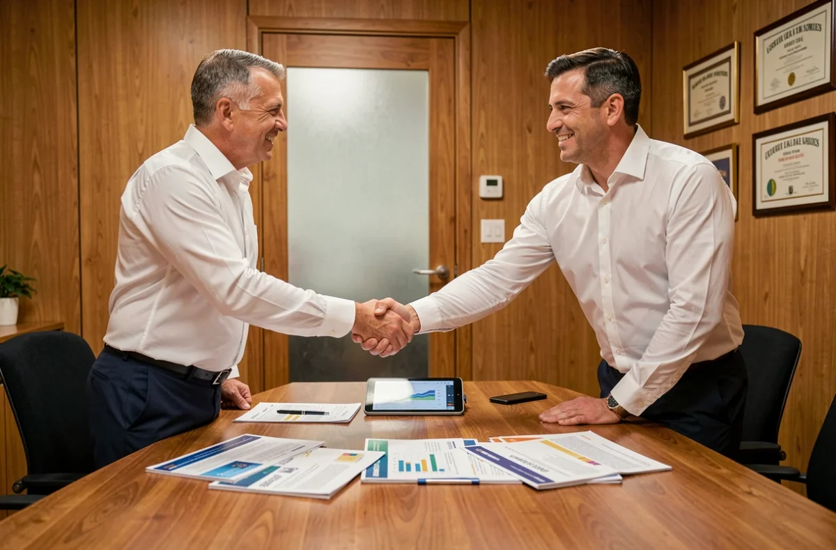 Homme signant un contrat d'assurance avec un conseiller financier lors d'une réunion professionnelle