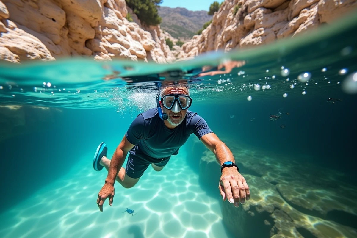 Snorkeleur explorant les eaux cristallines et le fond sablonneux de la plage des 3 Pointes à Bonifacio en Corse