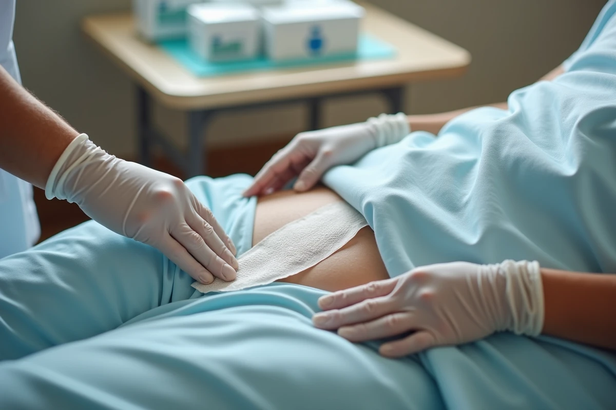 Infirmier appliquant un pansement hydrocolloïde sur une escarre fessière d'un patient âgé en maison de soins
