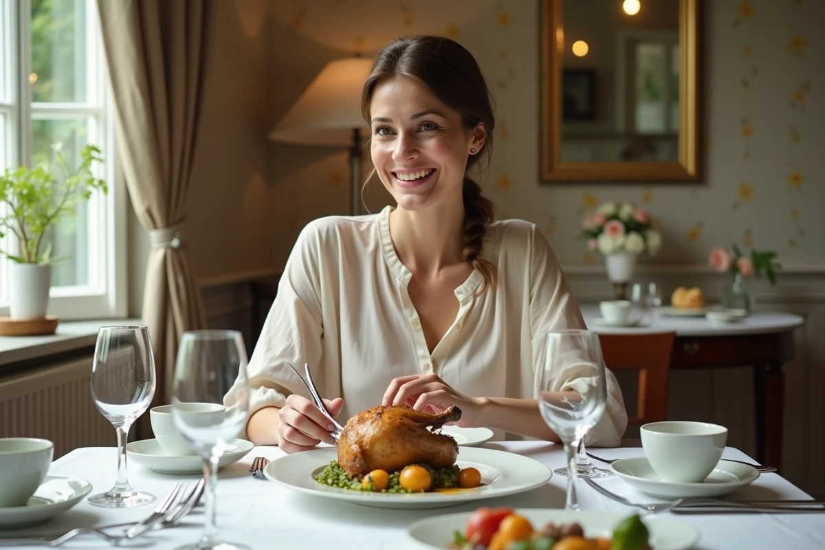 Table élégante avec coq au vin jaune et femme souriante