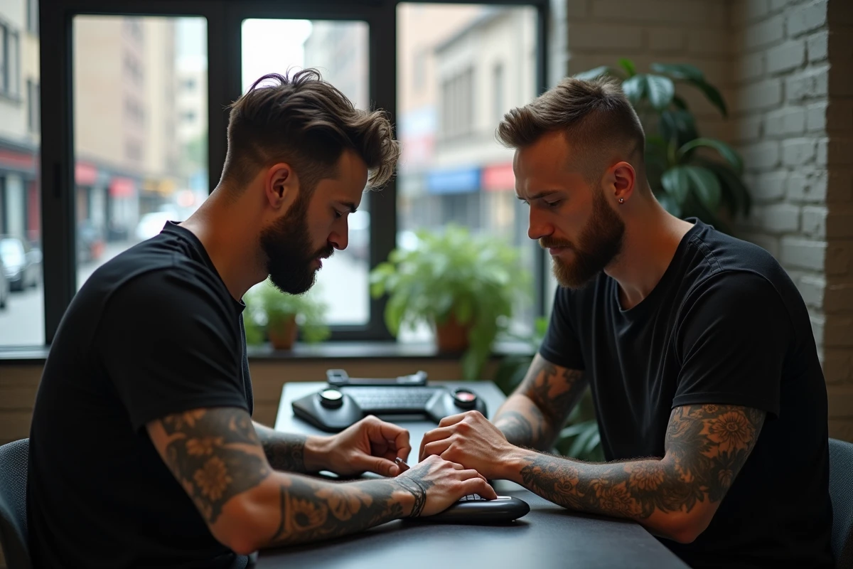 Tatoueur aidant un client à calculer le prix d