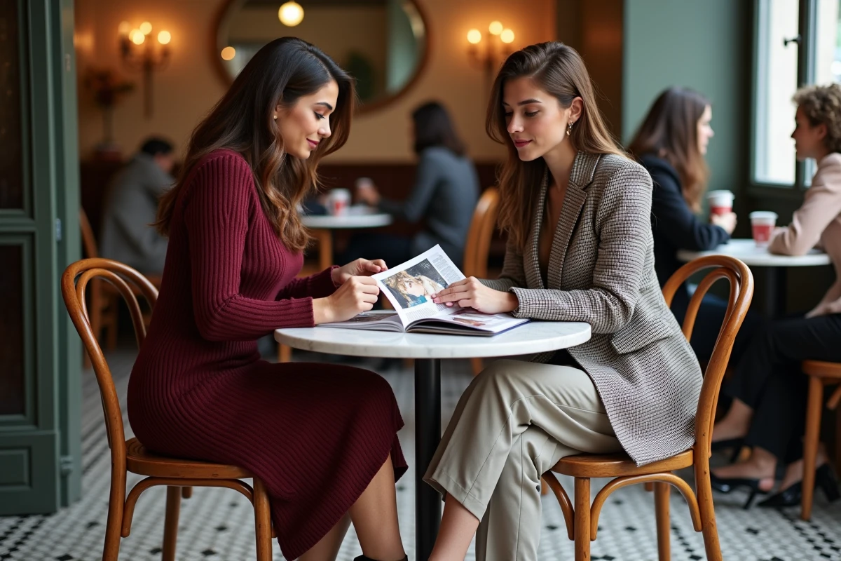 Deux femmes élégantes discutant tendances mode autour d'un café parisien avec swatches de tissus