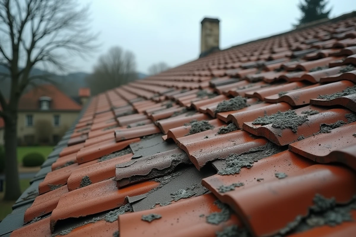 Vue d'ensemble d'un toit de maison ancienne avec plusieurs tuiles en terre cuite fissurées, déplacées et dégradées par les intempéries