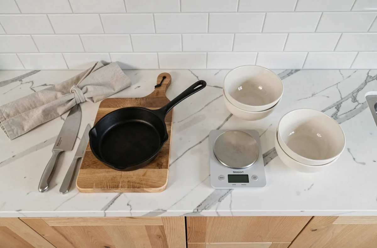 Ustensiles de cuisine essentiels posés sur un plan de travail en marbre dans une cuisine moderne et bien organisée